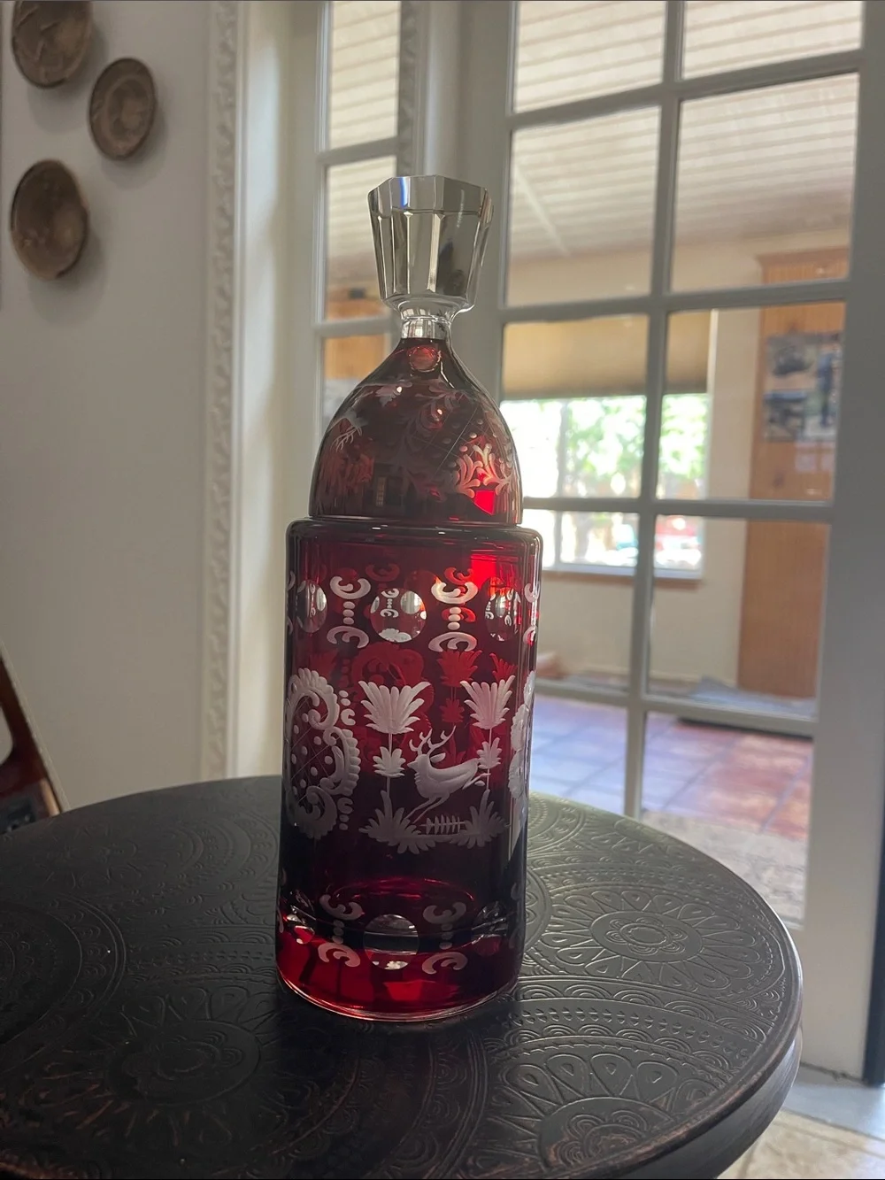 Egermann Ruby Red Etched Glass Decanter and Goblet Set